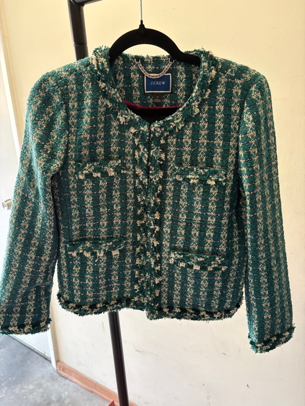 J. Crew Green Bouclé Tweed Collarless Jacket with Cream Accents